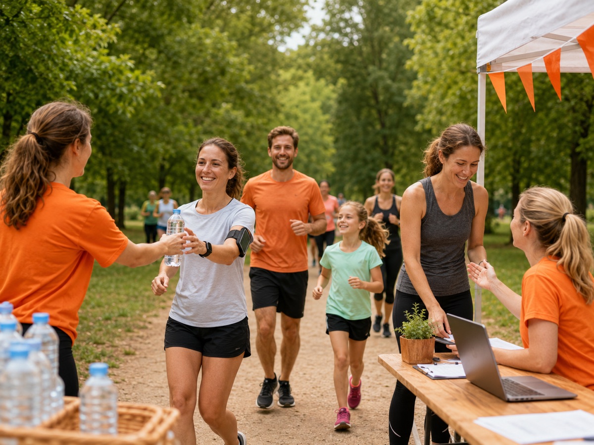 Vrijwilligers in oranje shirts geven water aan lopers bij een stand in het park. Er lopen volwassenen en een kind voorbij.